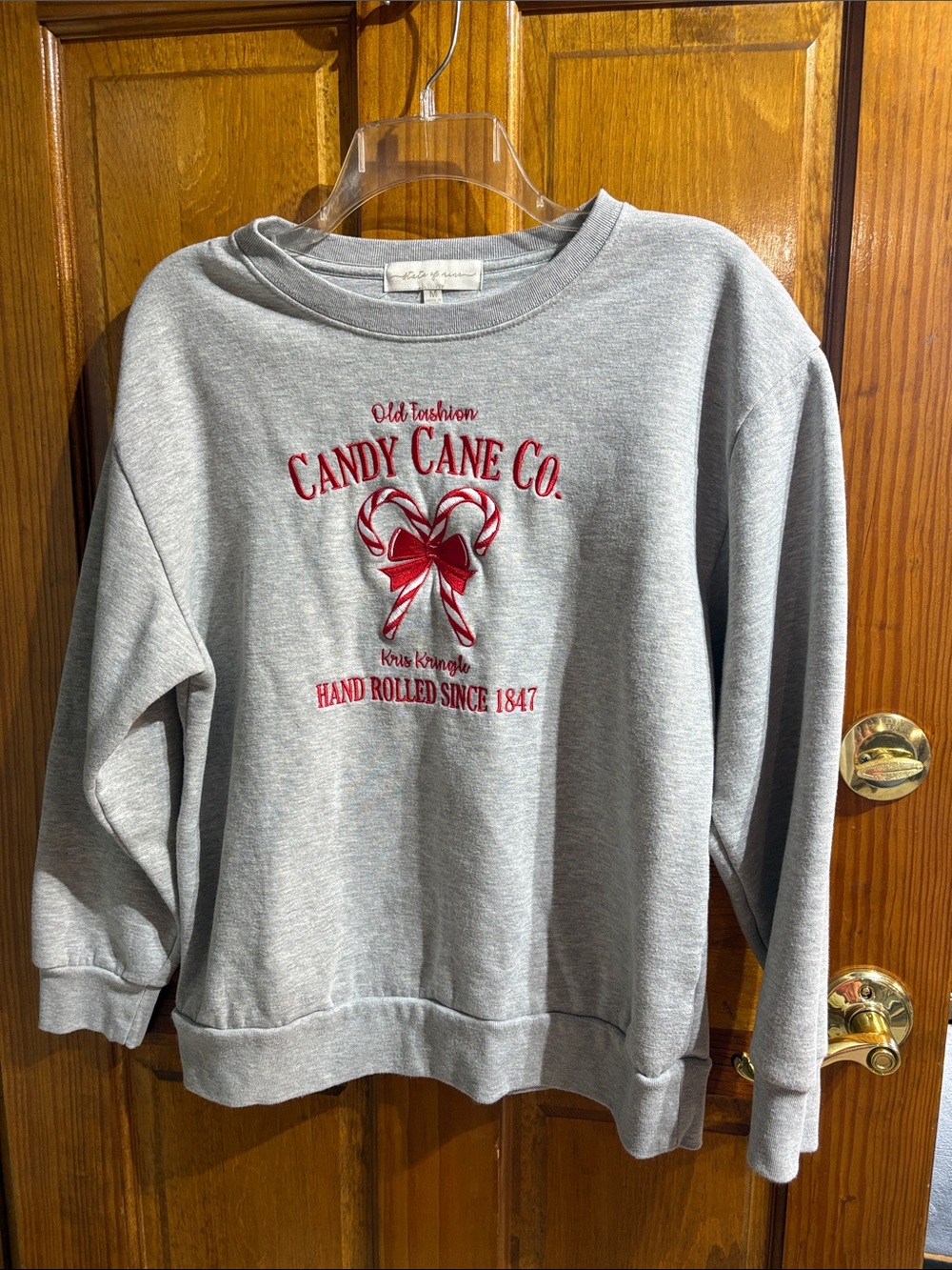 State of Mind Gray Crewneck with Red Candy Cane Graphic